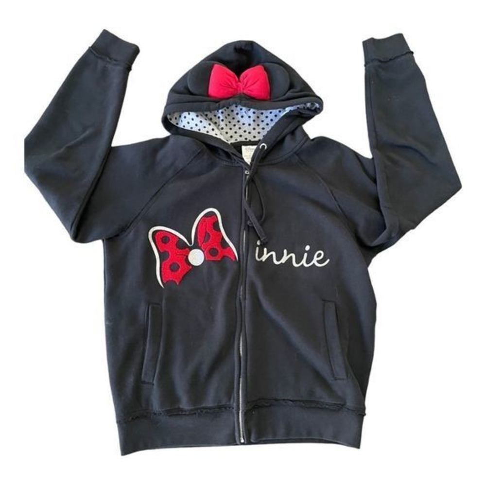 Disney Minnie Mouse Hooded Full Zip Jacket Fleece Lined Hoodie Black Size‎ Large